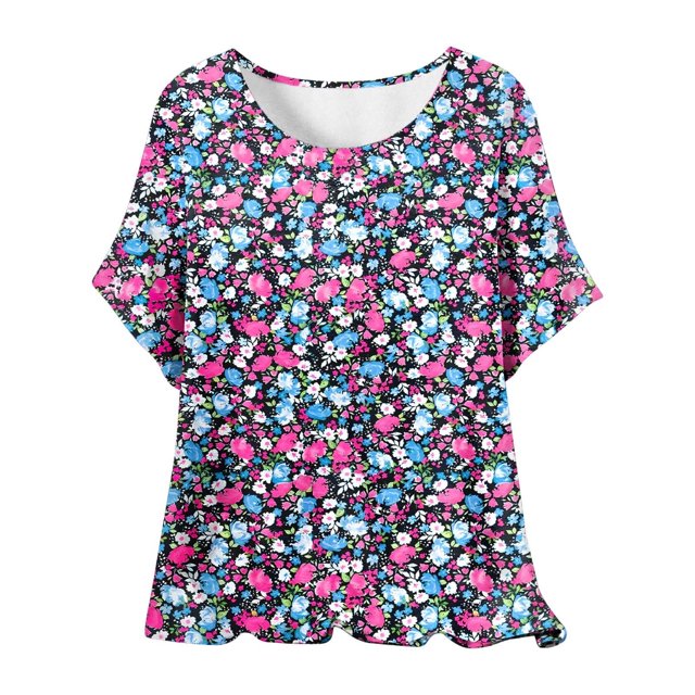 QTOCIO Hauts Décontractés pour Femmes, Hauts d'Été pour Femmes, Blouse à Manches Courtes Imprimée Mode pour Femmes, T-Shirt Col Rond