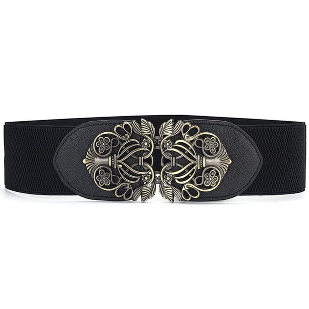 Cinturón elástico ancho para mujer, cinturón de vestir elástico vintage, color negro