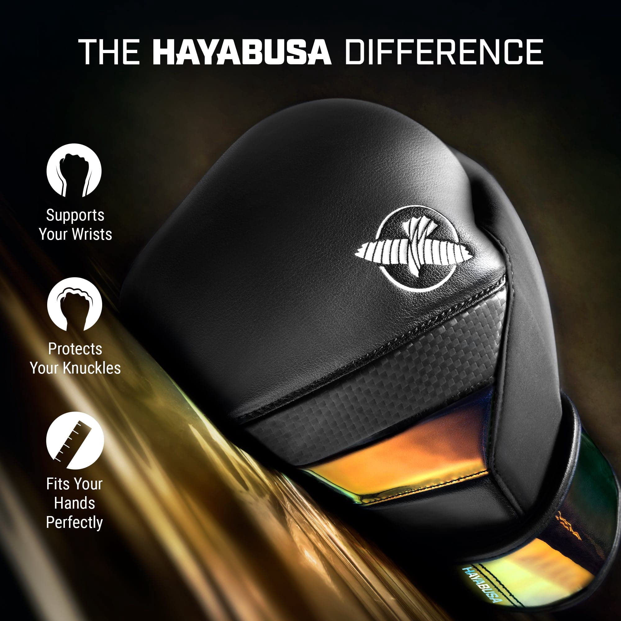 Hayabusa T3 Boxing Gloves for Men and Women Wrist and Knuckle Protection, Dual-X Hook and Loop Closure, Splinted Wrist Support, 5 Layer Foam Knuckle Padding - Black/Iridescent, 16 oz