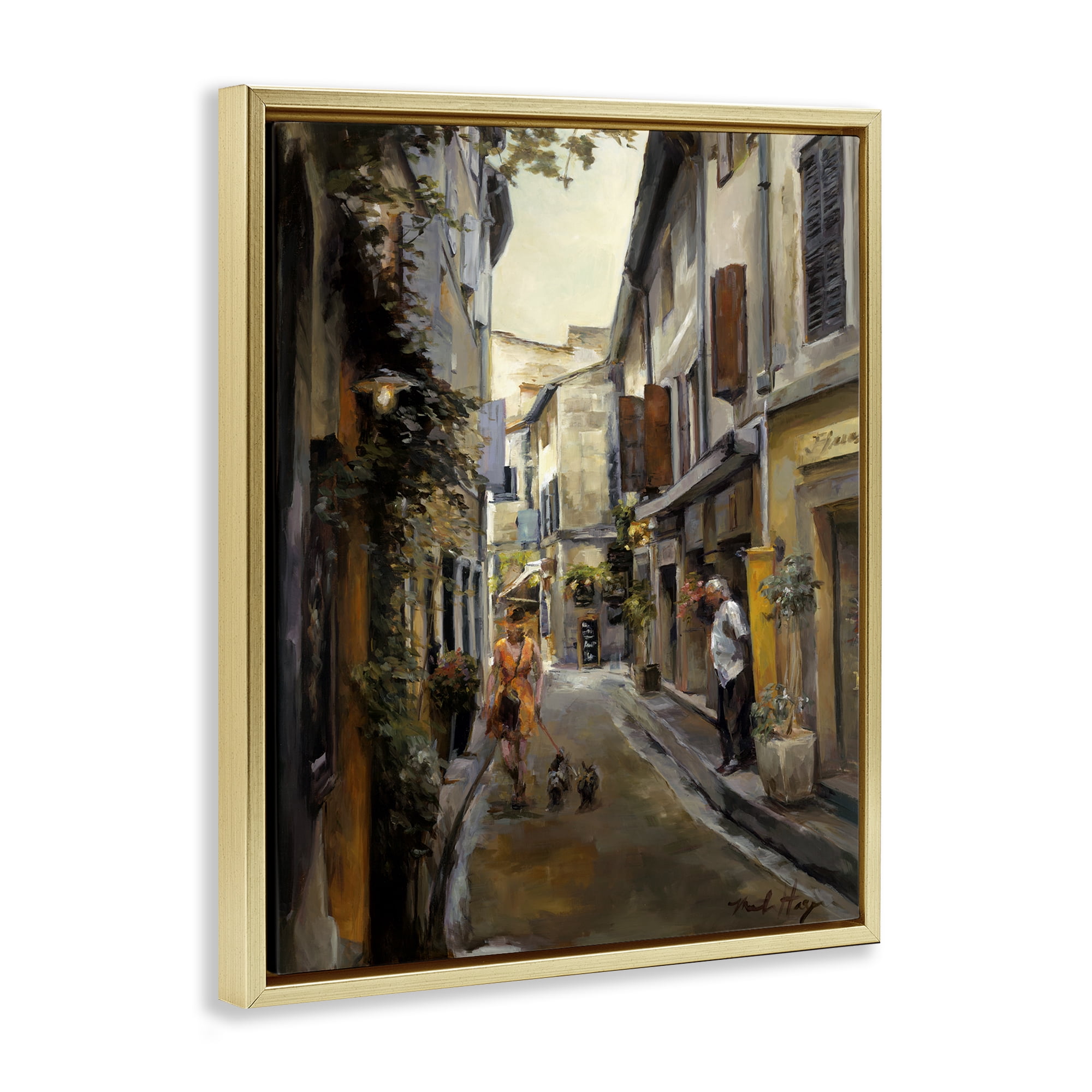 Stupell Industries European City Dog Walk Buildings & Architecture Painting Gold Floater Framed Canvas Art Print Wall Art, 17 x 21