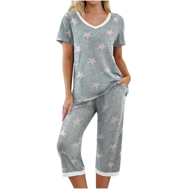 ICHUANYI Clearance Fashion Women Casual Patchwork Short Sleeve Tops V-Neck Shorts Sleepwear Sets(Gray, S) ICHUANYI WER2023081107624