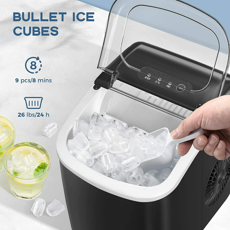 Lhriver Countertop Ice Maker, Self-Cleaning Portable Ice Maker Machine with Handle, 9 Bullet-Shaped Ice Cubes Ready in 6 Mins, 26Lbs/24H with Ice