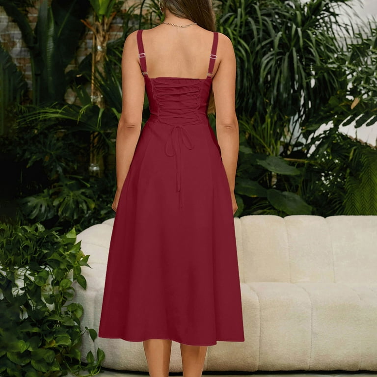Burgundy Wine Ladies Ruched with Slit Tie Knot Paperbag Midi Dress for  Juniors Slip V Neck Spandex Lounge Fall Summer 2026 Clothes Regular Fit  Country Concert Y2K S - Walmart.com