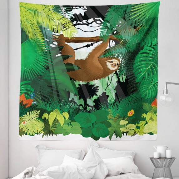 Sloth Tapestry, Vibrant Exotic Rainforest Various Plants and Animal Hanging on a Tree Wildlife, Fabric Wall Hanging Decor for Bedroom Living Room Dorm, 5 Sizes, Green Brown, by Ambesonne