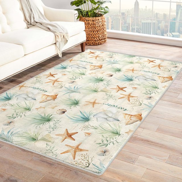 Starfish Rugs for Living Room Bedroom - Seaweed Rug 6x8 - Coastal Carpet for Home Decor - Washable Non Slip Patterned Indoor Large Area Rug - Soft & Low Pile (ZL&743)
