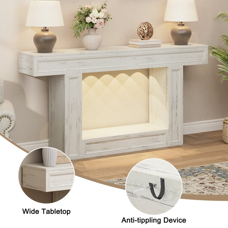 PLAMLE 63 Inch 2-Tier Console Table with Sensor Lights, U-Shaped Base Sofa Table for Entryway, Hallway, Living Room, Foyer, Narrow Small Spaces