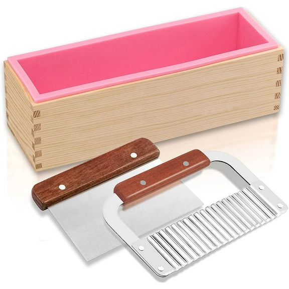 Rectangular Soap Mold Kit with Cutter- Flexible Silicone Loaf Soap Mold with Wood Box, Stainless Steel Wavy & Straight Scraper for Homemade Craft Soap Making Supplies