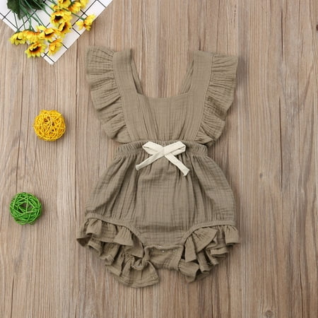 

Puloru Baby Girl Sleeveless Romper Ruffle Solid Color Square Beck Bow Jumpsuit