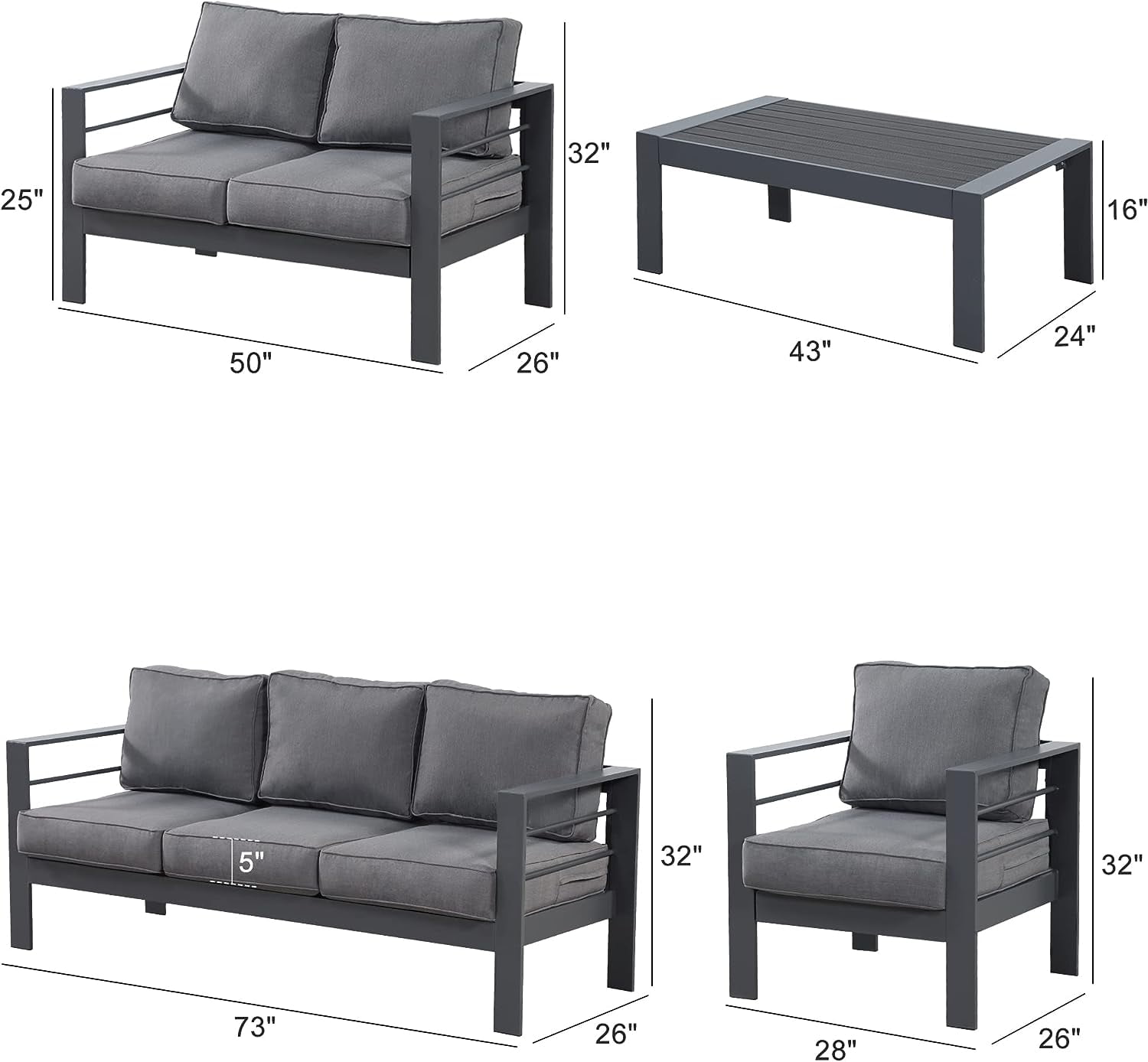 Superjoe 5 Pcs Outdoor Aluminum Furniture Set 7 Seats Patio Sectional Chat Sofa Set Metal Conversation Sofa with 5 Inch Cushion and Coffee Table for Balcony, Garden, Dark Grey