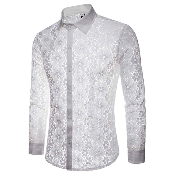 Men Classic Club Full Sleeves Long Lace Hollow Fashion Shirt Lapel White XXL