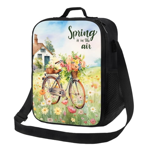 Spring Theme Throw Blanke Lunch Bag Insulated Thermal Box with Shoulder Strap & Handle for Work and Picnic