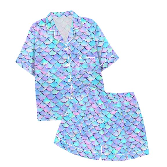SUXIAN Toddler Girls Gradient Fish Scale Print Pajama Set 2 Piece Summer Short Sleeve Sleepwear Pajamas for Girls Light Blue 4-5 Years