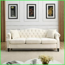 79" Beige Velvet Chesterfield 3-Seater Sofa with Tufted Design, Rolled Arms & Nailhead Trim for Living Room Bedroom Office