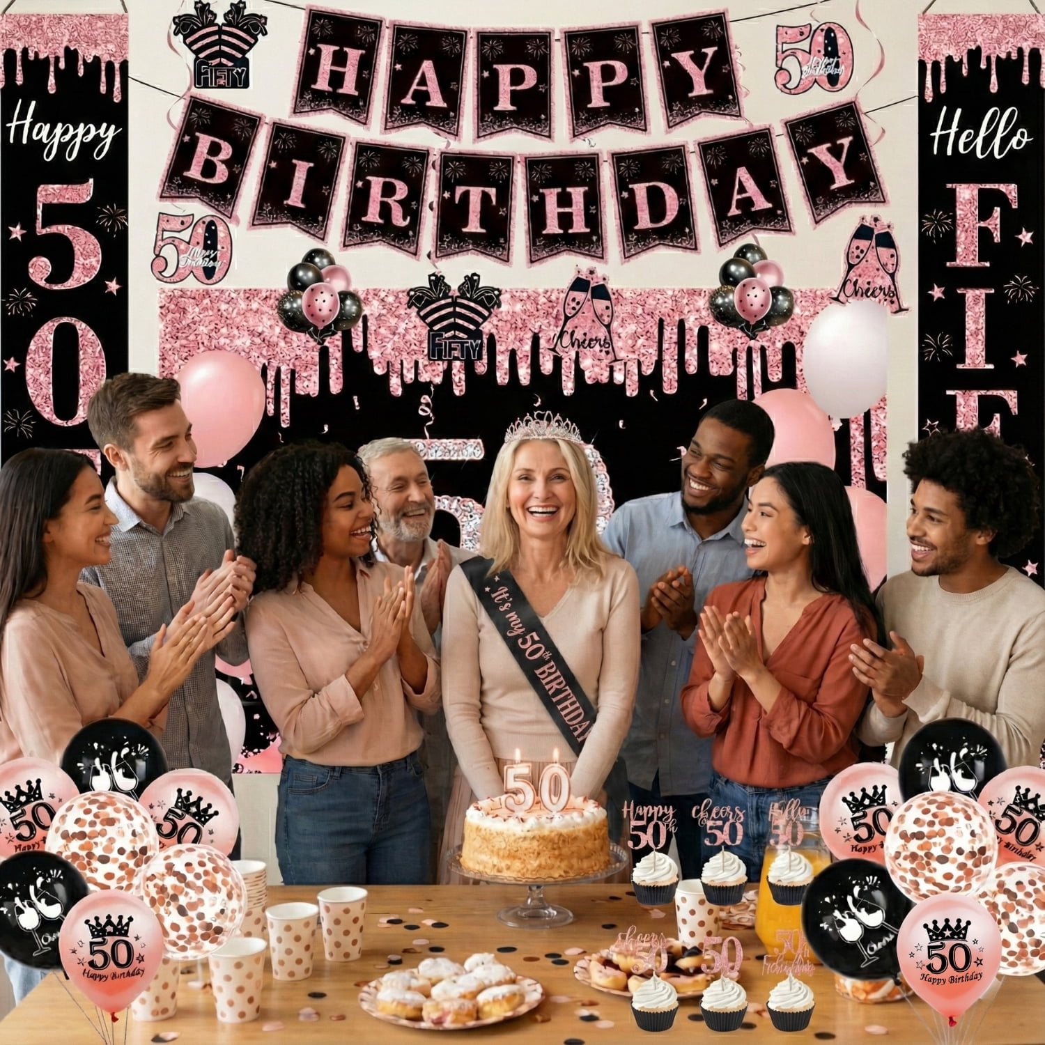 50th Birthday Party Decorations Kit Rose Gold Black – Happy 50th & Fabulous Banner, Crown & Sash, Balloons, Photo Backdrop, Hanging Swirls, Table Signs – 45PCS Decorations Set for Women