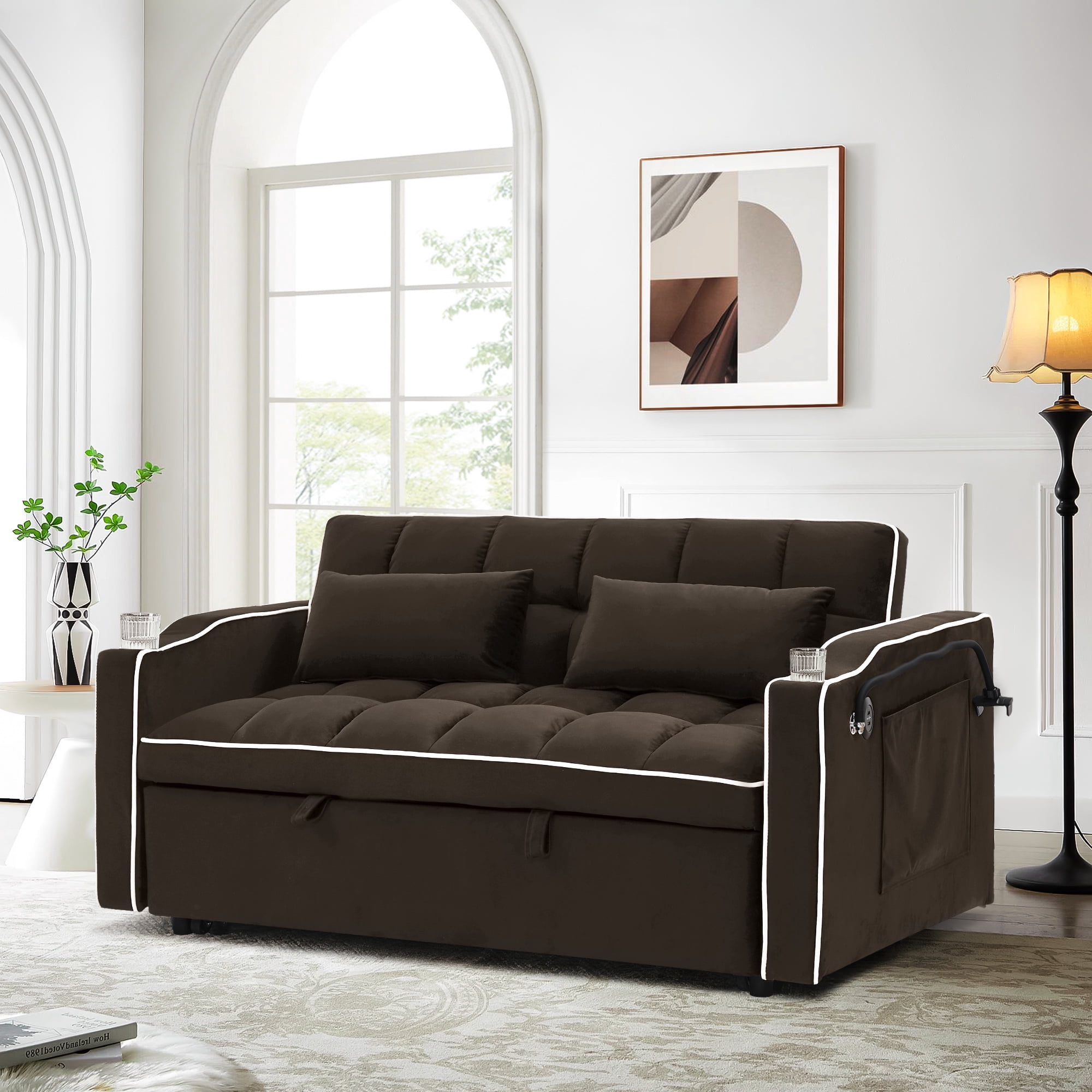 Dinosisco 4-in-1 Convertible Loveseat Sleeper, 55" Futon Sofa Bed with Phone Stand, USB, Brown Velvet