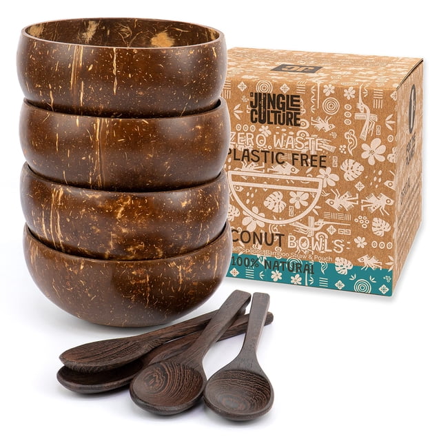 Set de cuencos de coco Jungle Culture con 4 cuencos de madera y cucharas