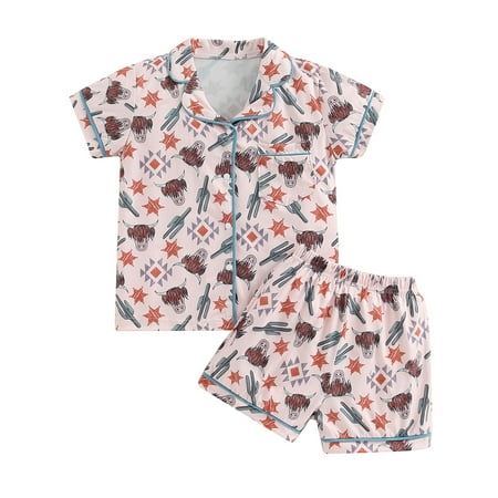 

Toddler Baby Girls 2Pcs Pajamas Set 12M 24M 3Y 4Y 5Y 6Y Summer Short Sleeve Cow Print Button Shirt and Shorts Set Sleepwear Children Clothing Outfit