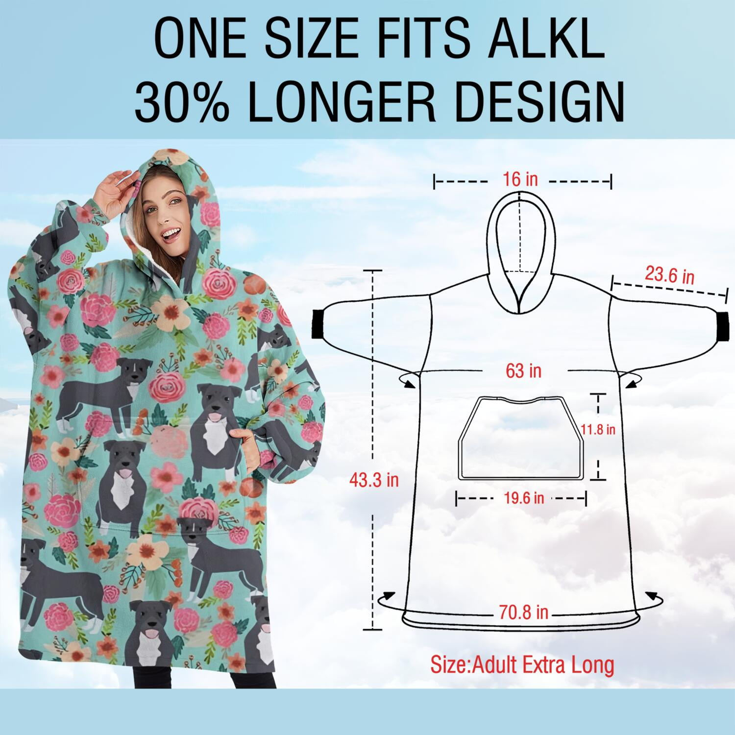 Oversized Wearable Blanket Hoodie,Cute Pitbull Terriers Dog and Flowers Sherpa Blanket Hoodie with Super Pockets,Super Warm Fuzzy Pullover for Women & Men