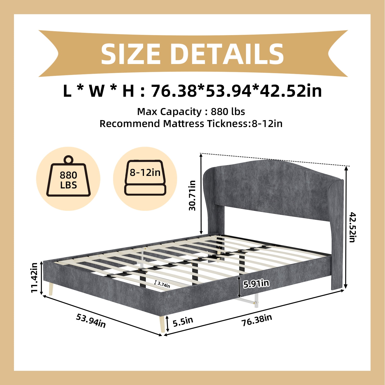 Alvantor Full Size Upholstered Bed Frame with Padded Headboard, Holland Velvet Tufted Noise-Free & Durable Gray