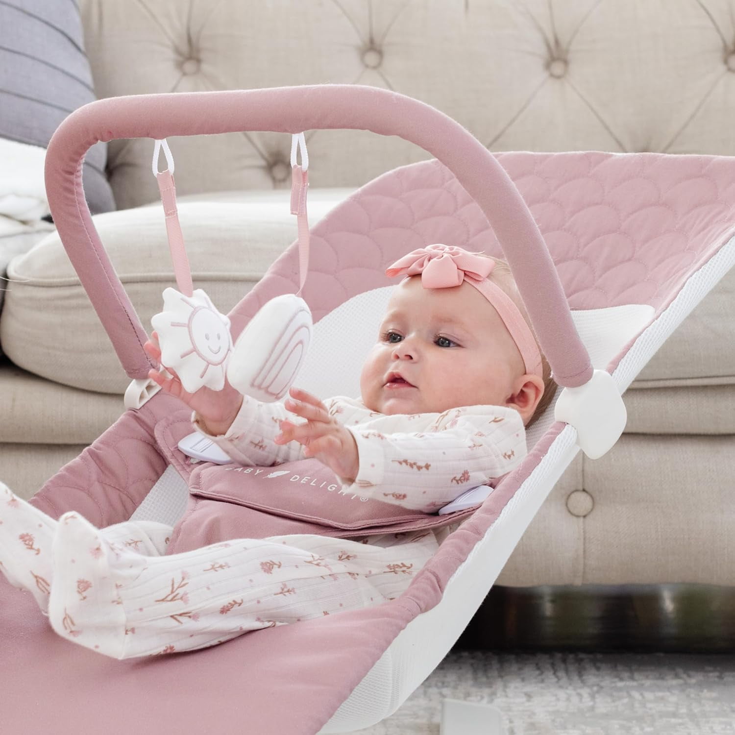 Baby Delight Alpine Organic Deluxe Portable Bouncer, Lightweight, Travel-Ready & Adjustable Recline, Organic Rose