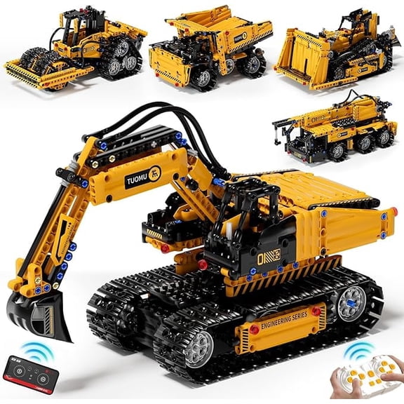 5 in 1 STEM Building Block Set for Kids Ages 8-14, Remote Control and App Controlled Excavator/Crane/Truck/Bulldozer/Roller, Birthday Gift for 8 9 10 11 12  Years Old