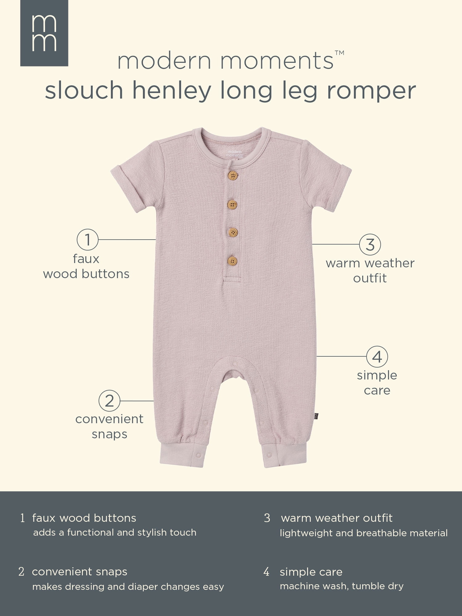 Modern Moments by Gerber Gender Neutral Short Sleeve Henley Romper, Sizes 0/3 Months - 24 Months