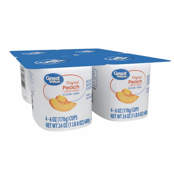 Great Value Original Peach Low-fat Yogurt, 6 oz Cups, 4 Pack