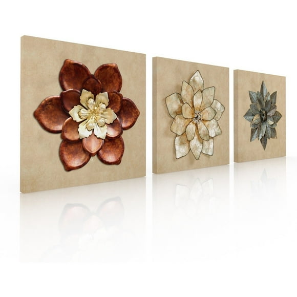 Set De 3 Cuadros Decorativos Para Sala Recamara, Flor Metal Ideas Creativas Cuadro sublimado en tela