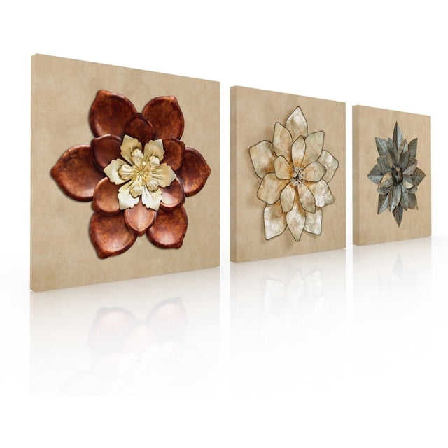 Set De 3 Cuadros Decorativos Para Sala Recamara, Flor Metal Ideas Creativas Cuadro sublimado en tela