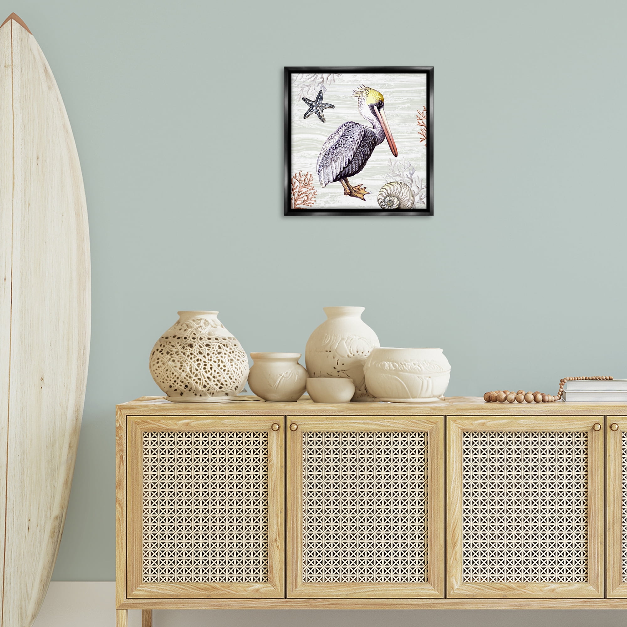 Stupell Industries Beach Bird Pelican Animals Painting Black Floater Framed Canvas Art Print Wall Art, 18 x 18