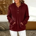 thumbnail image 2 of Women's Ribbed Knit Hoodies Half Button V Neck Drawstring Hooded Sweatshirt Long Sleeve Loose Casual Pullover Tops for Fall Winter Wine, 2 of 6