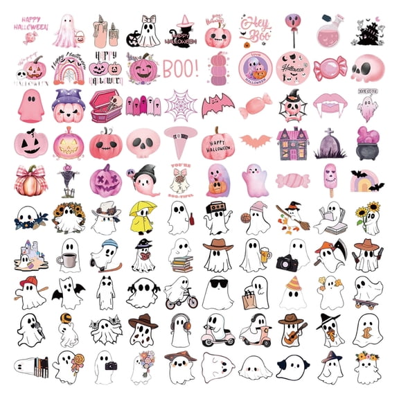 Knisume 100Pcs Pink Cartoon Halloween Stickers - Ghost Doodle Decals for Halloween Party Favors, Craft Supplies, and Fun Holiday Decorations Accents