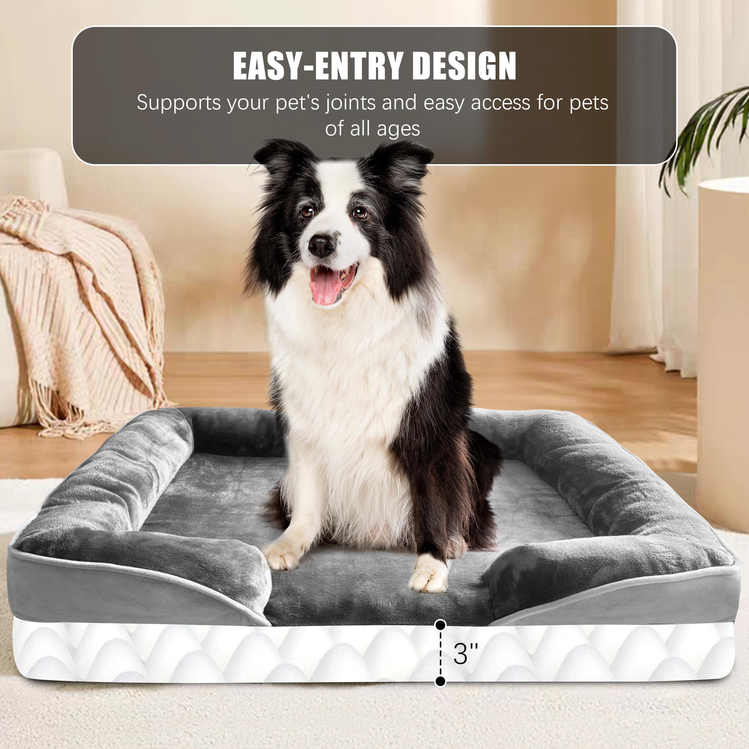 Dog Bed With Sides - Sofa Beds For Large Dogs  Supportive Foam Pet Couch Washable Removable Cover Waterproof Lining And Non-slip Bottom Grey L-plus