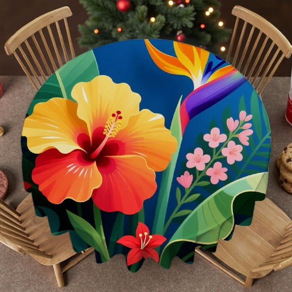 Hawaiian Tropical Flowers Family Round Tablecloth, Machine-Made - Polyester Tablecloths Tablecloth for dining table, Cafe,  picnic,60x60 Inch