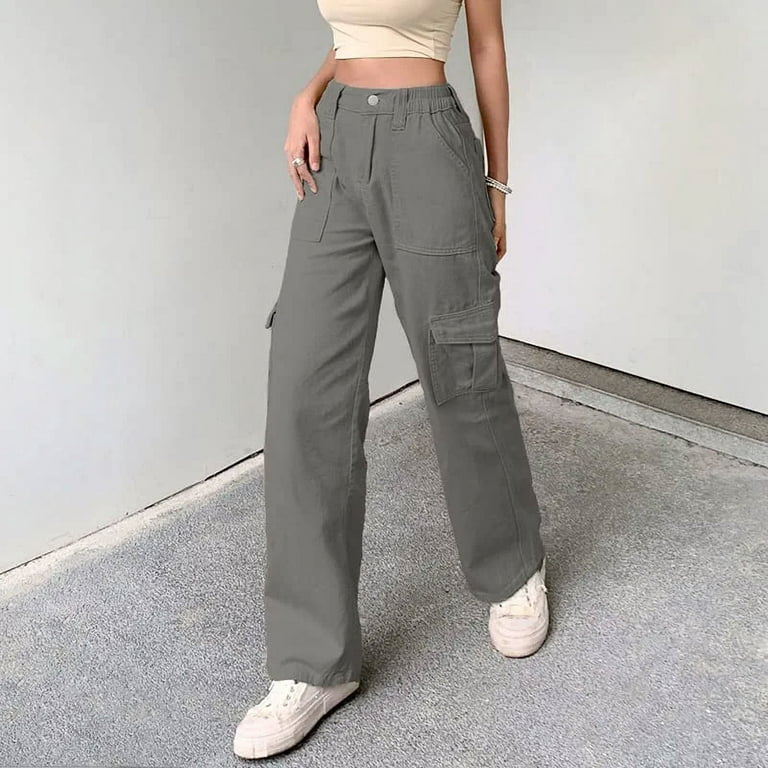 High Waist Stretch Cargo Pants Women Baggy, Multiple Pockets Relaxed Fit  Straight Wide Leg Pant