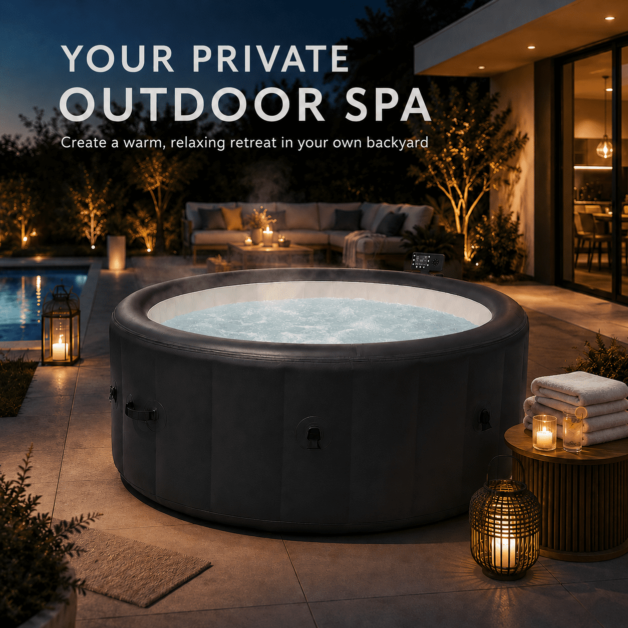 85" Inflatable Hot Tub for 4-6 Persons, Portable Outdoor Spa Tub with 150+ Air Jets, 104°F Heating, 6-Color Ambient LED Lights, Bubble Massage, One-Touch Inflation, Filter System, Cover & Floor Mat