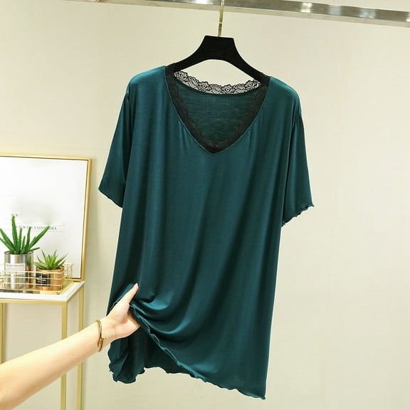 Frnrwgo Womens Pajama Tops for Summer Spring, V-Neck Solid Color Shirts with Lace Trim, Casual Plus Size Short Sleeve Loungewear