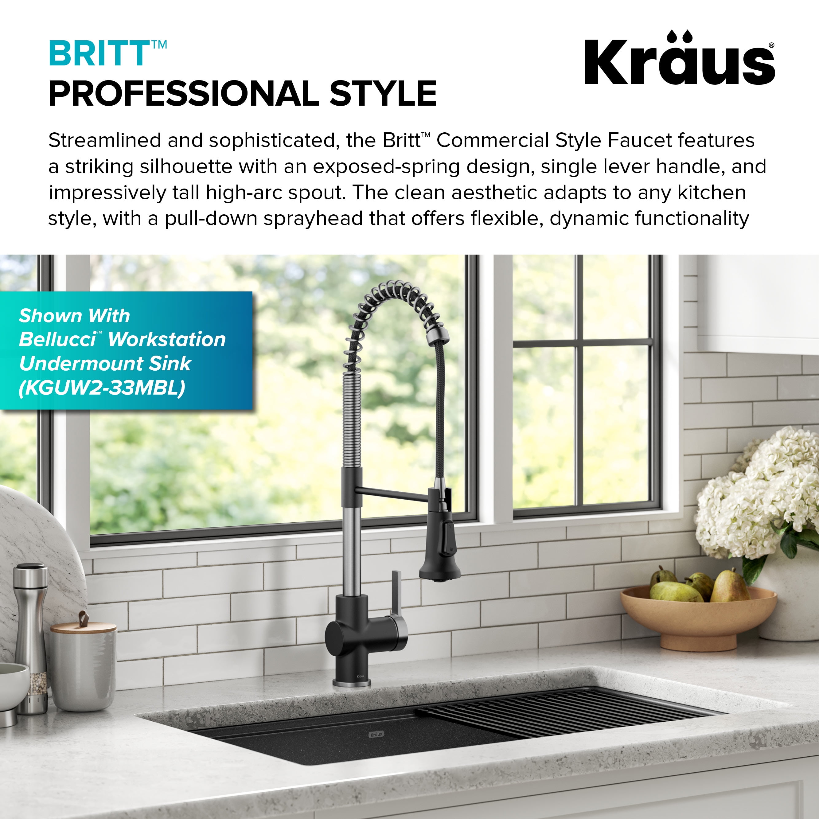 KRAUS Britt Commercial Style Pull-Down Single Handle Kitchen Faucet in Spot-Free Stainless Steel/Matte Black