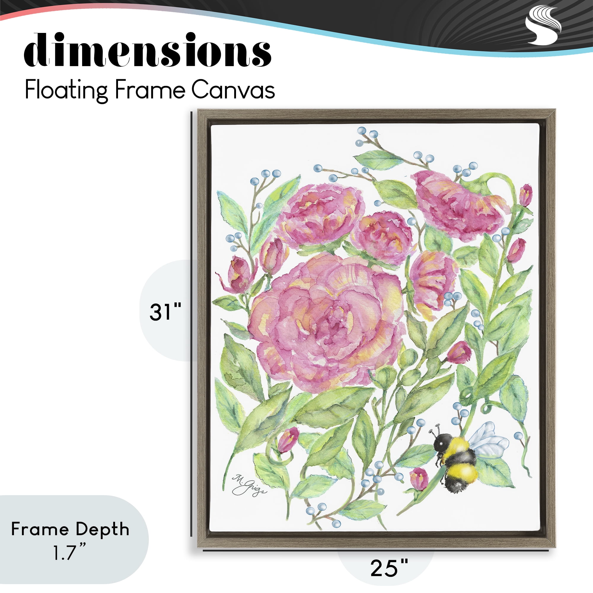 Stupell Industries Peony & Bumble Bee Brown Framed Floater Canvas Wall Art, design by Maureen Grigs