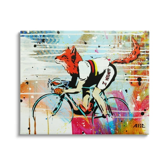 Urban Cyclist Fox Street Style Speckled Painting Animals & Insects Painting Gallery-Wrapped Canvas Print Wall Art
