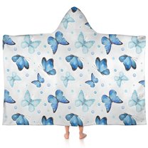 Blue Butterfly Pattern Hooded Bath Towel，60"x35" for Ages 3 To 12 Kids, Quick Dry Lightweight Soft Microfiber Hood Beach Towel Cover Up for Kids