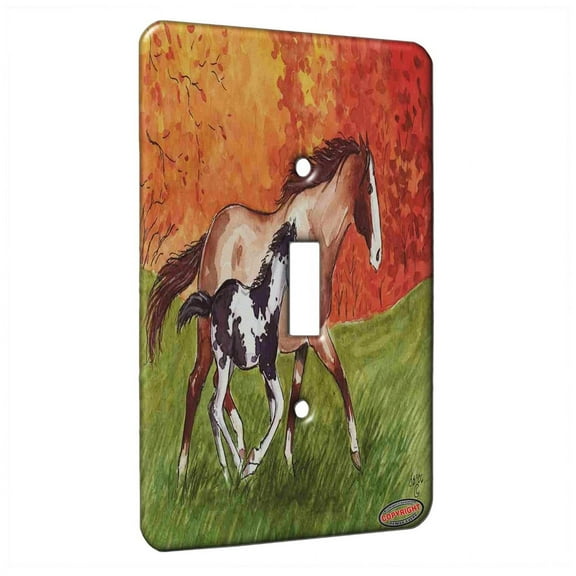 KuzmarK™ Single Gang Toggle Switch Wall Plate - Red Roan Mare and Black Pinto Foal Horse Art by Denise Every
