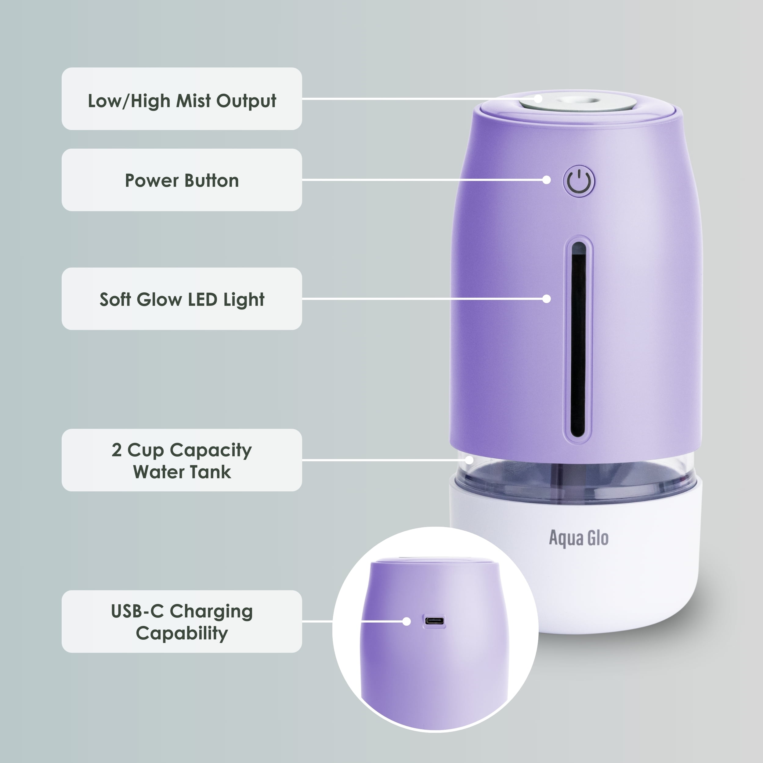 Airvana Aqua Glo Personal, Portable Humidifiers for Bedroom – Ultrasonic Cool Mist Humidifier with Built In Rechargeable Battery. Air Humidifier for Baby, Plants, Home, Office, Travel. Lavender