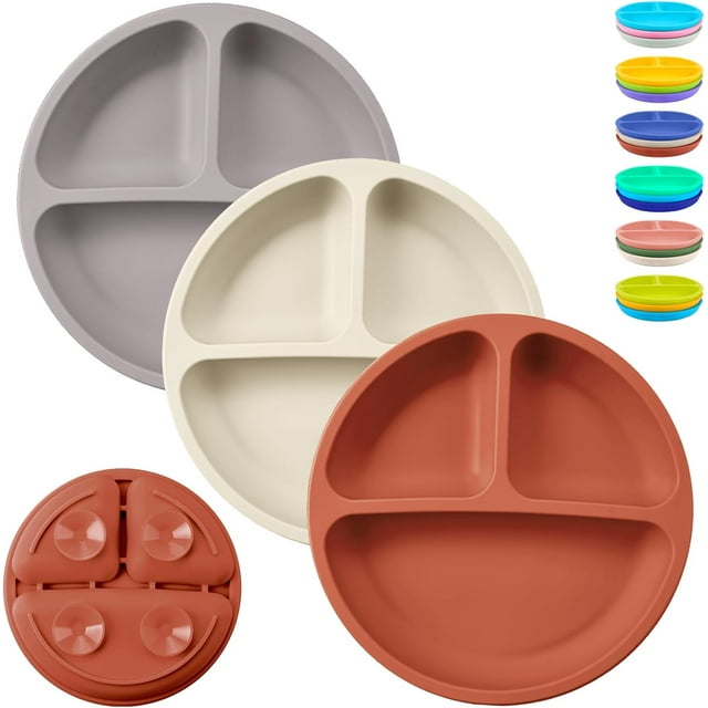 HSHDLDF Toddler Plates 3 Pack Feeding Set Suction Plates for Baby, Divided Design, Non-Slip Design, Unbreakable, BPA Free, Microwave & Dishwasher Safe (Brick Red & Off White & Dark Gray-ca)