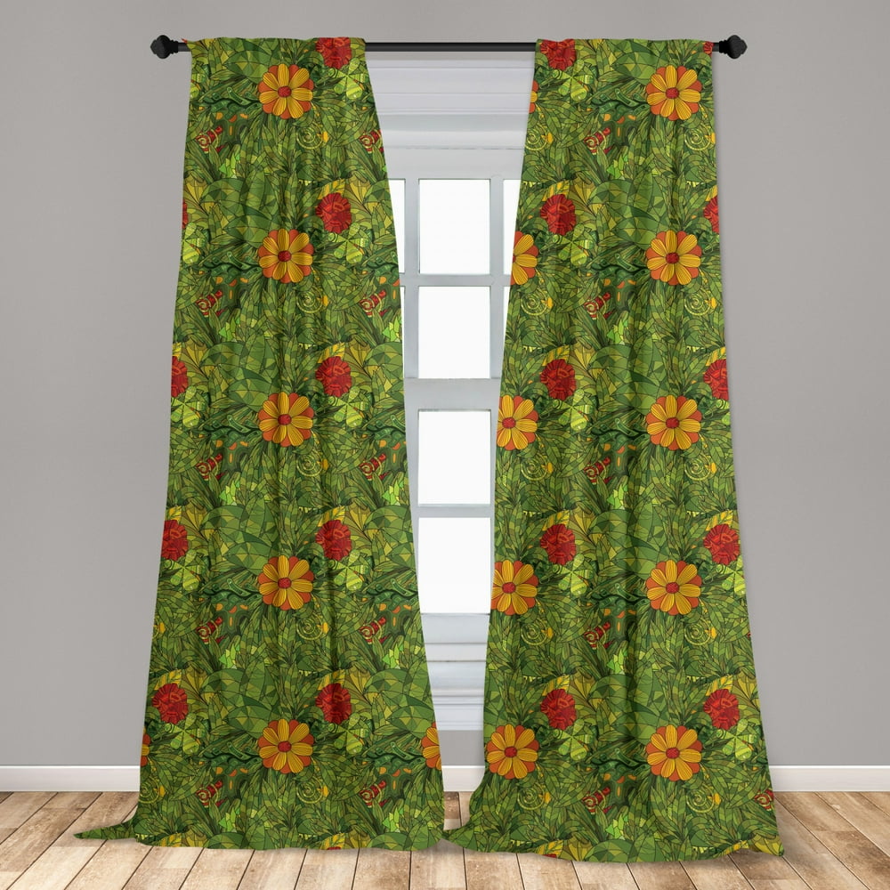 Floral Curtains 2 Panels Set, Funky Flower Foliage Bush with Fractal