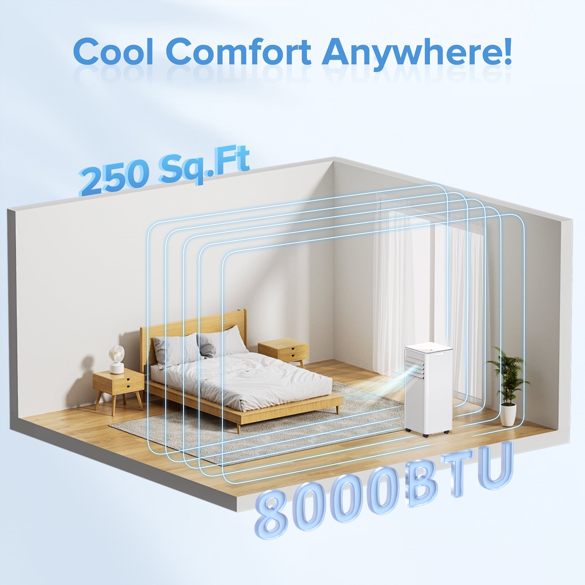 KISSAIR 8000 BTU Portable Air Conditioner, Dehumidifier, Fan, Sleep Mode, 4 in 1 AC with 24-Hour Timer