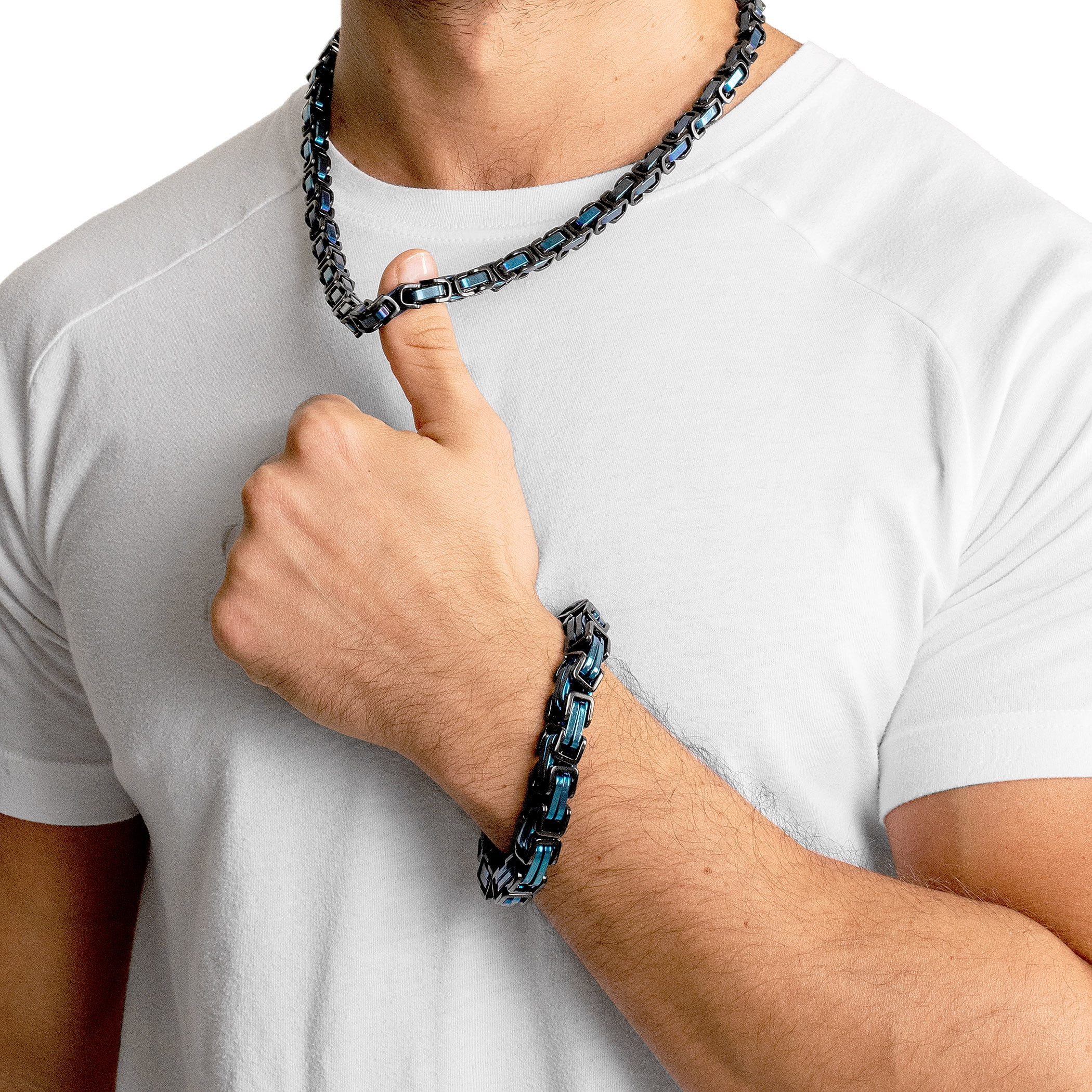 Crucible Jewelry Men's Black and Blue Plated Stainless Steel Byzantine Chain Bracelet (11mm) - 10"