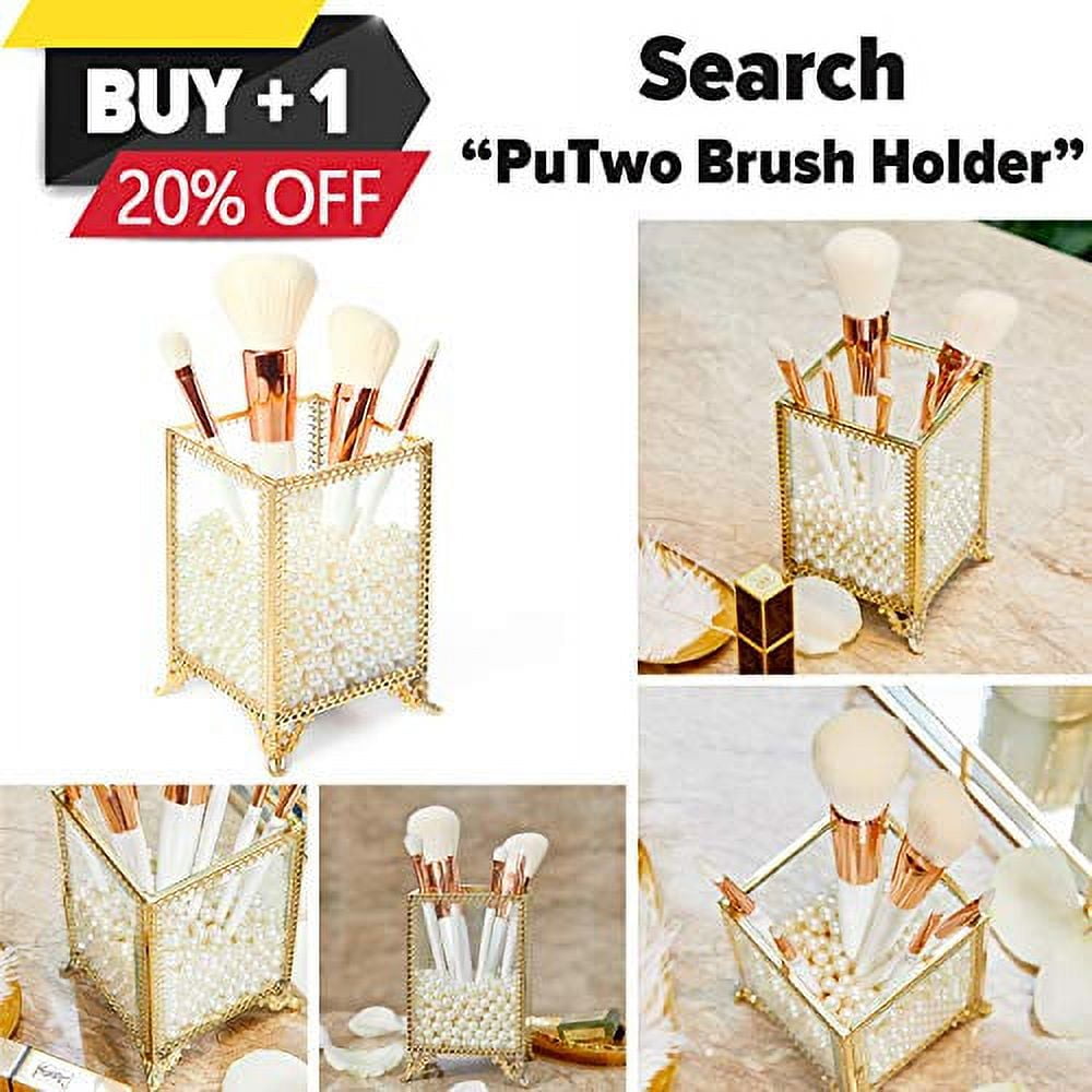 PuTwo Makeup Brush Holder Glass and Brass Vintage Makeup Brush Organizer  Handmade Cosmetic Brush Storage with White Pearls for Dresser Vanity