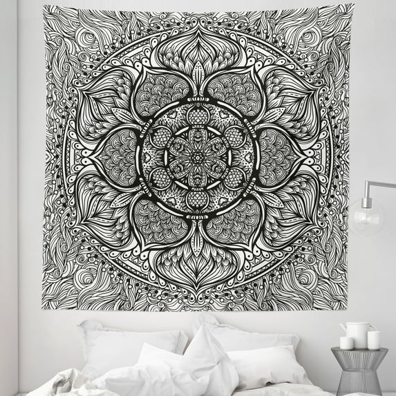 Ethnic Tapestry, Mandala Inspired Art Hand Drawn Paisley Pattern Boho Native, Fabric Wall Hanging Decor for Bedroom Living Room Dorm, 5 Sizes, Black and White, by Ambesonne