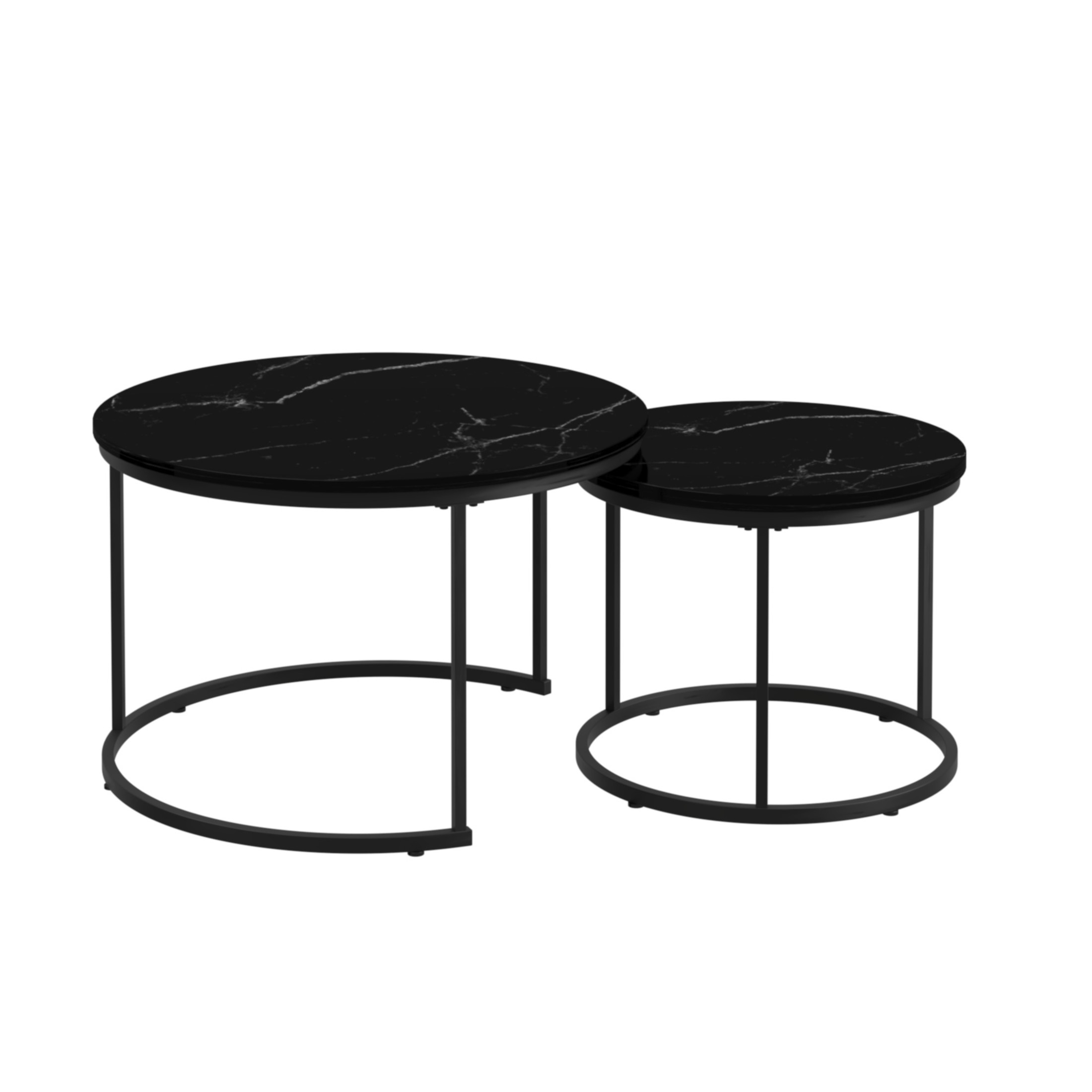 Noble House Lazura 27.6" Marble Look Nesting Coffee Table Set, Round MDF Top with Metal Base, Black, Set of 2